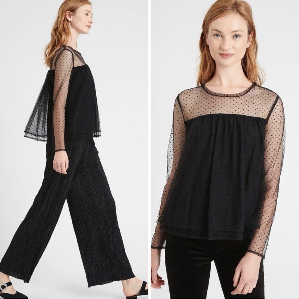 Banana Republic Double Layer‎ Tiered Tulle Mesh A-Line Polka Dot Top Black Sz XS
